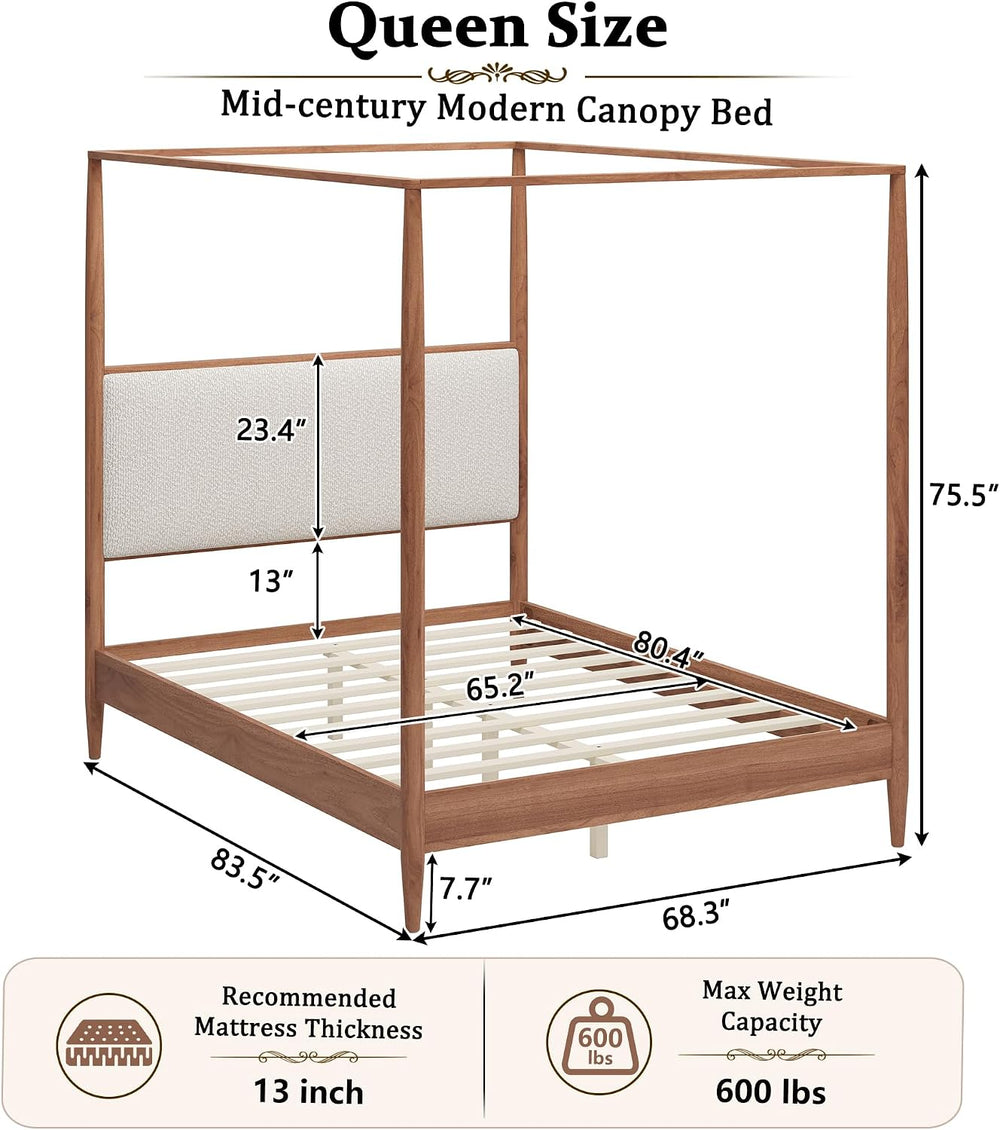 SOFTSEA Queen Size Wood Canopy Bed with Upholstered Headboard, Walnut