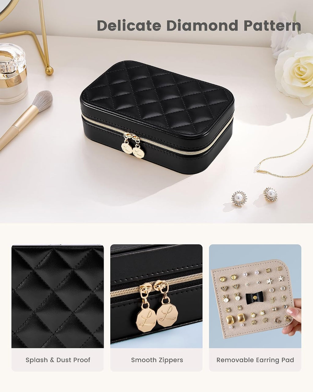 Lolalet Travel Jewelry Case for Women Girls, PU Leather Jewelry Organizer with Clear Storage Bag Small Portable Jewelry Box for Necklace Bracelet Earring Ring Birthday Bridesmaid Gifts -Medium/Black