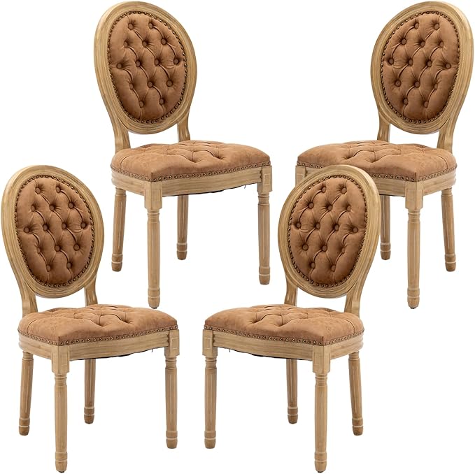 French Country Dining Chairs Set of 4,Farmhouse Upholstered Dining Room Chairs with Tufted Round Back&Solid Leg,PU Leather Kitchen Side Chairs for Kitchen/Bedroom/Dining Room,Tan