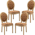 French Country Dining Chairs Set of 4,Farmhouse Upholstered Dining Room Chairs with Tufted Round Back&Solid Leg,PU Leather Kitchen Side Chairs for Kitchen/Bedroom/Dining Room,Tan