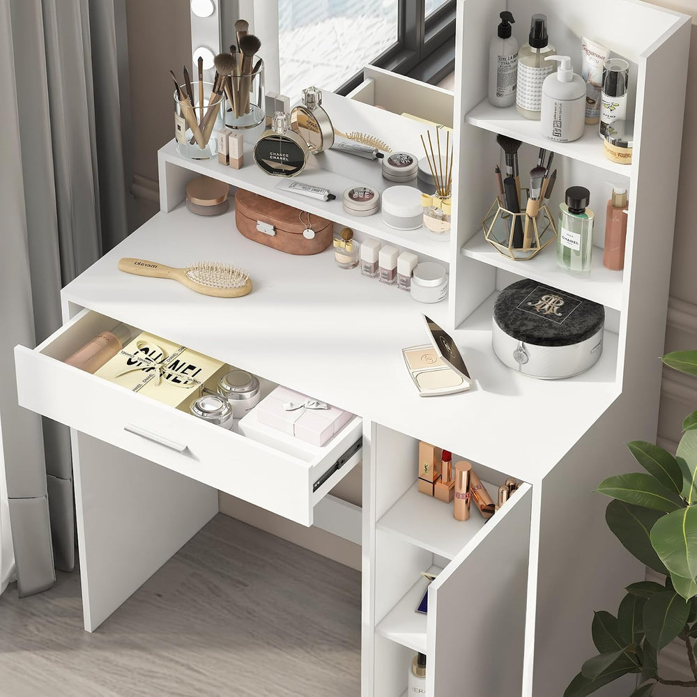 Vanity Desk with Mirror & Light, Three Level Storage Dresser & Large ...