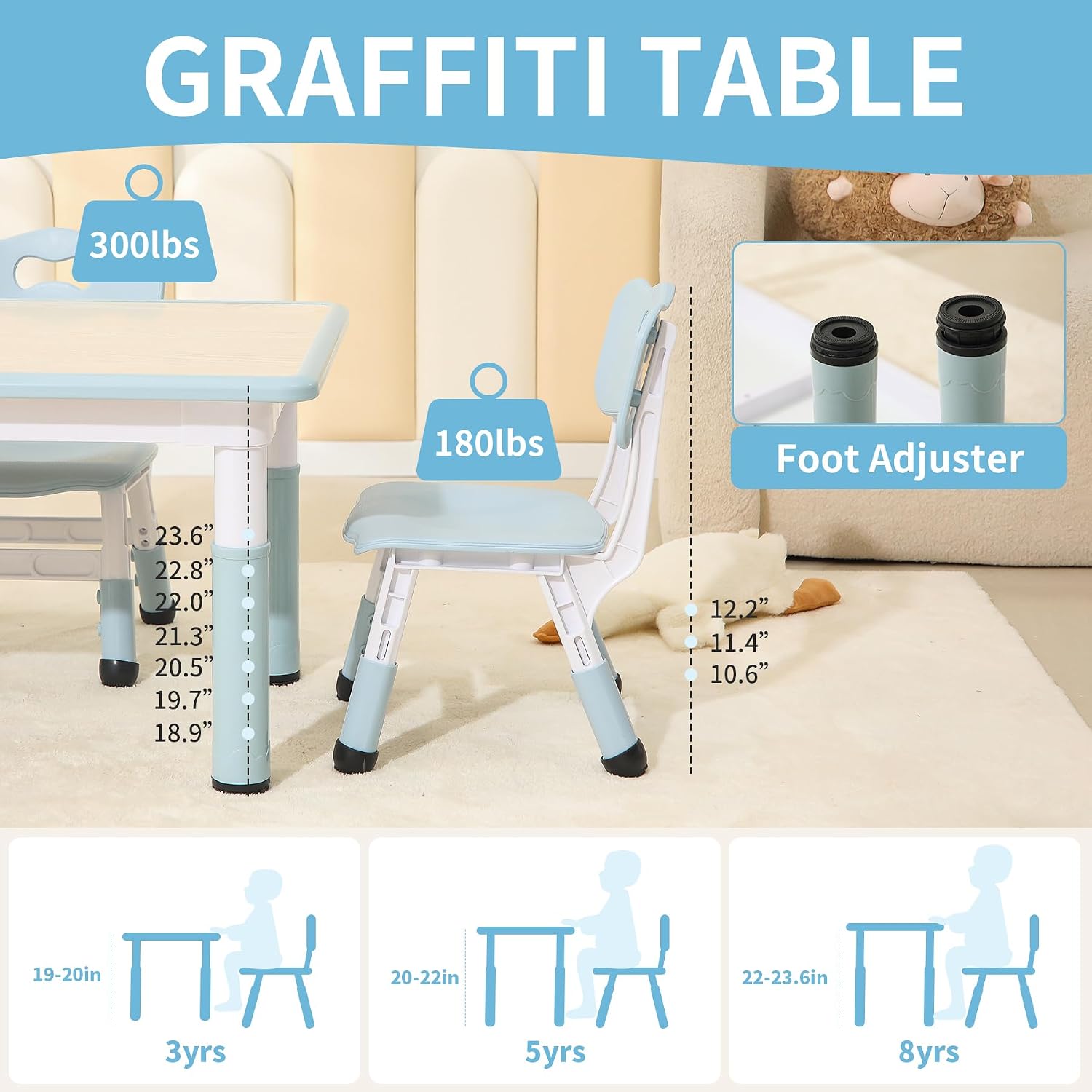 Hulaibit Toddler Table and Chairs, Kids Table and 4 Chairs Set with Graffiti Desktop, Height-Adjustable Kids Study Table for Boys and Girls Aged 3-8, Max 300lbs