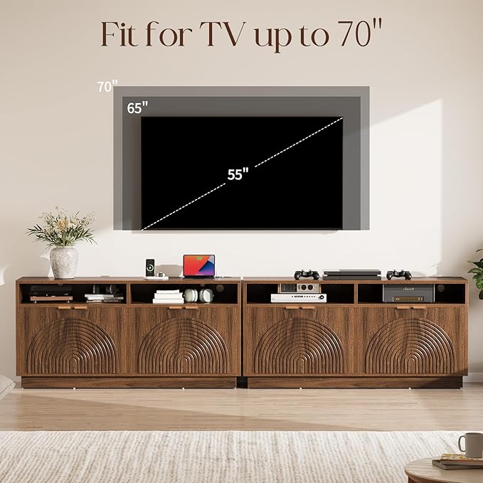 Fluted TV Stand with Power Outlet - 58" TV Stands for Living Room, Mid Century Entertainment Center with Storage Cabinets & Adjustable Shelf, LED Modern Media Console for TVs Up to 70", Walnut