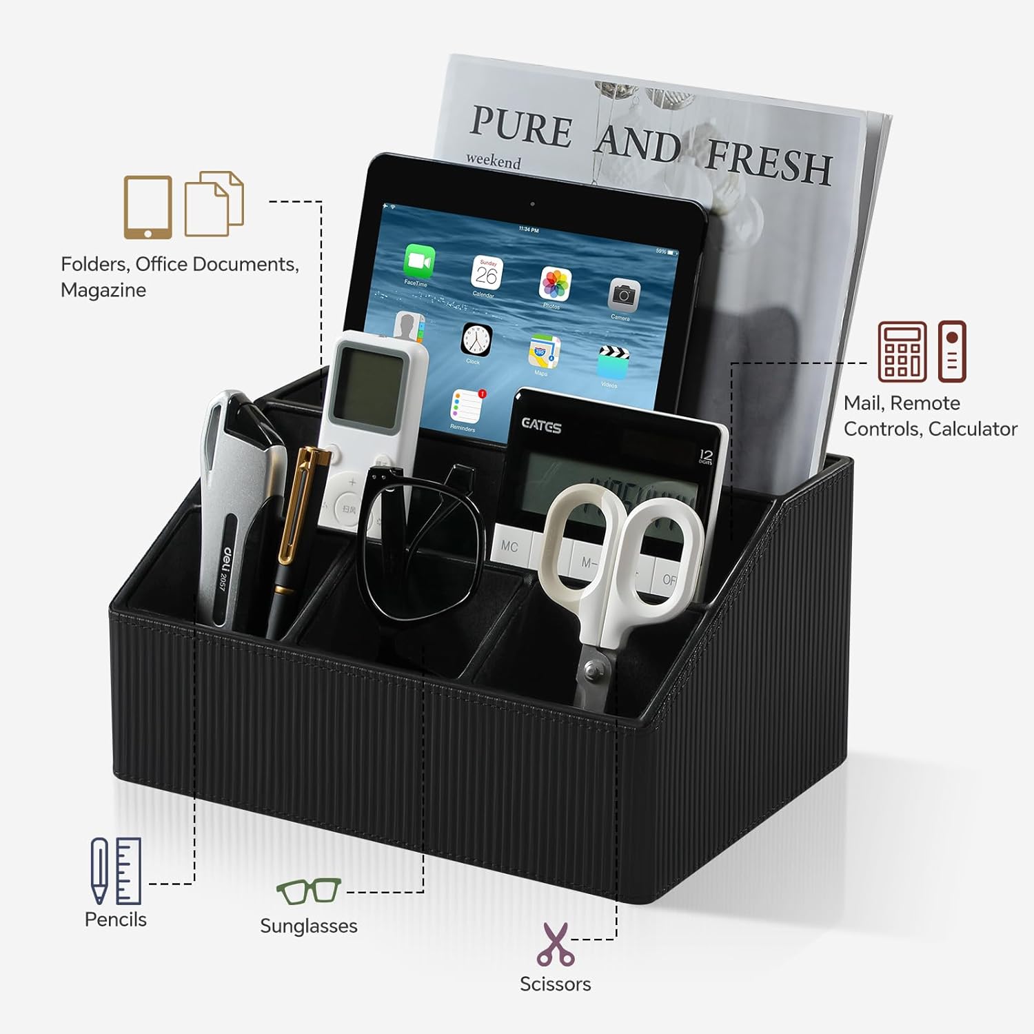 Remote Control Holder with 5 Compartments for Office Art Supplies, PU Leather Nightstand Organizer Pencil Pen Desk Caddy for Home, Desktop TV Remote Control Organizer Storage (Striped Black)