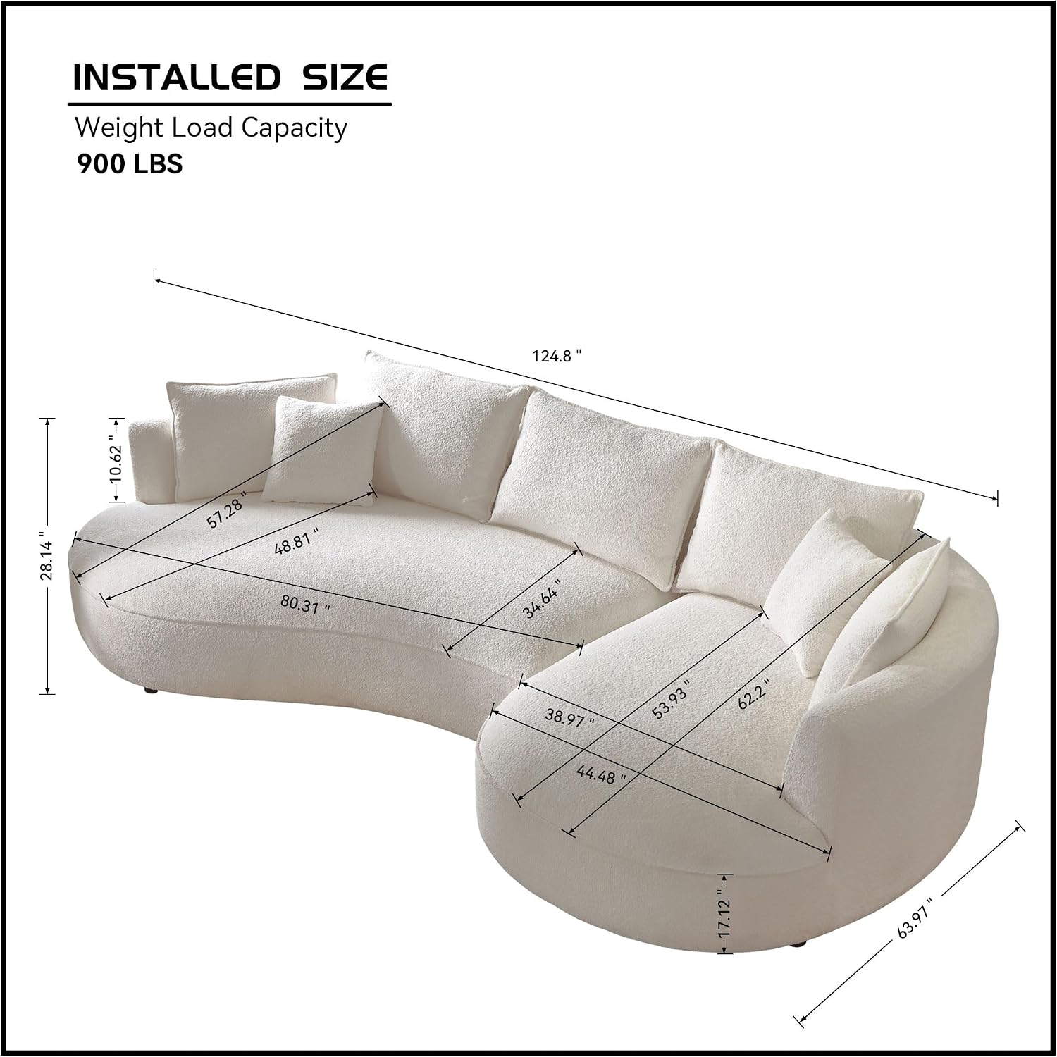 Oversized Curved Sectional Sofa, 125", 5-Seater, Upholstered, Boucle, Cloud | Boucle Upholstered Modular Couch with Chaise, Deep Seat Luxury Cloud Sofa, for Living Room, Apartment, Right Facing, Beige