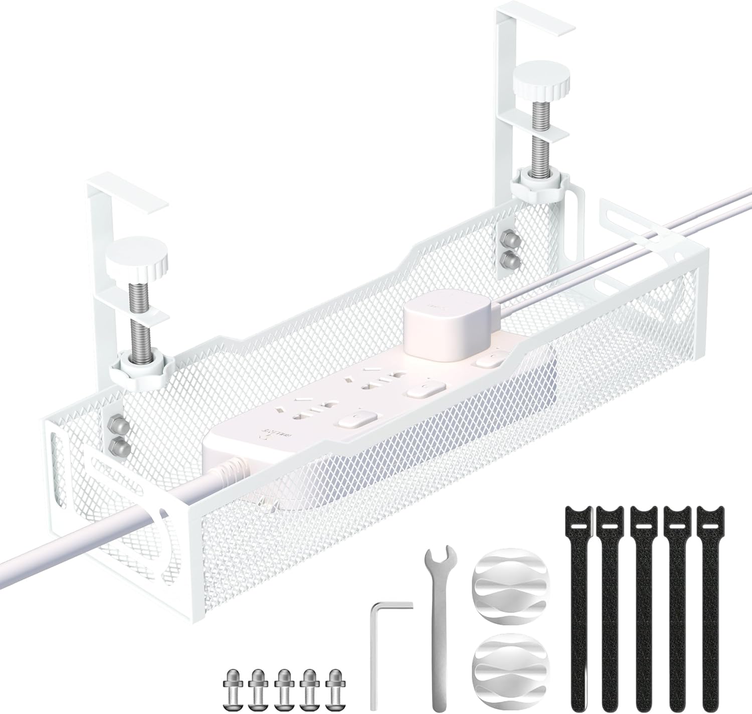 Under Desk Cable Management Tray, No Drill Mesh Desk Cable Tray, Wire Management Tray Cable Management Rack, Wire Organizer and Cable Management Box (White)