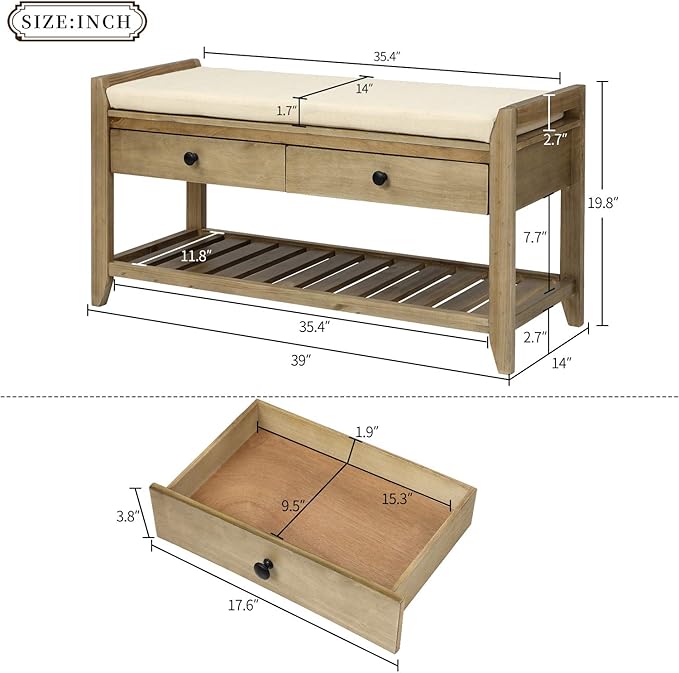 39″ Storage Bench with Cushioned Seat and Drawers,Multipurpose Wooden Entryway Ottoman,Hidden Compartment Organizing Shoe Rack,for Bedroom Hallway Porch,Gray