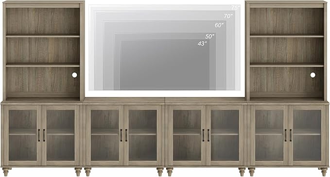 WAMPAT Entertainment Center with Bookshelves for TVs up to 75", Farmhouse Wall Unit TV Stand with Glass Doors, Media Console Table for Living Room, Bedroom & Home Theater, Wash Grey