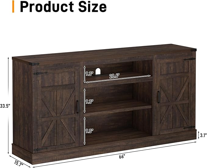 66" Farmhouse TV Stand with Power Outlets for 75 Inch TVs, 33" Tall Entertainment Center with Storage Cabinets w/Adjustable Shelves, Rustic Large TV Media Console for Living Room, Brown