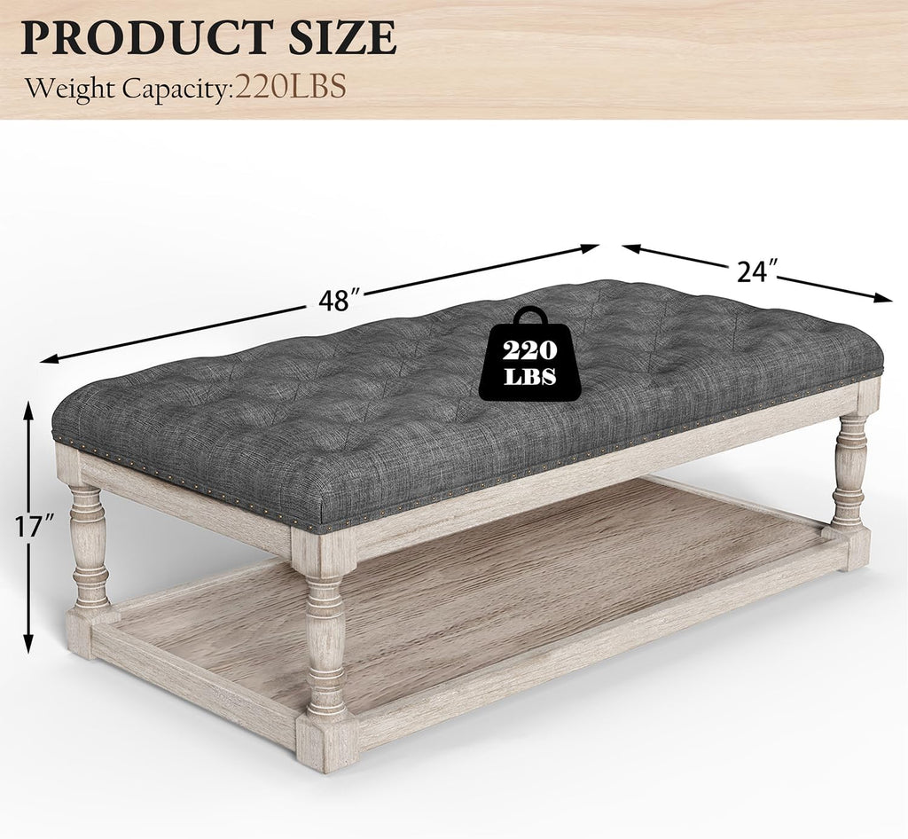 Ottoman Coffee Table, Large Rectangle Ottoman with Storage - Upholstered Cushioned Bench for Living Room, Tufted Linen Fabric with Solid Wood Shelf, Entryway Bench(Dark Gray)