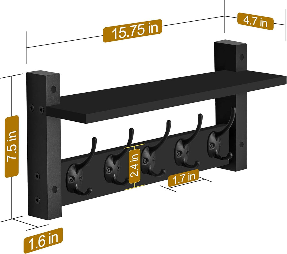 Sorbus Coat Rack Wall Mount with Shelf (Black, 16 Inch)