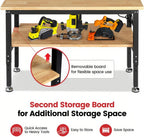 Work Table for Garage 60 x 22 Inch Adjustable Height Workbench Heavy Duty Rubberwood Tabletop Work Bench with Power Outlets Pegboard Pad for Woodworking Shop, Home, Office
