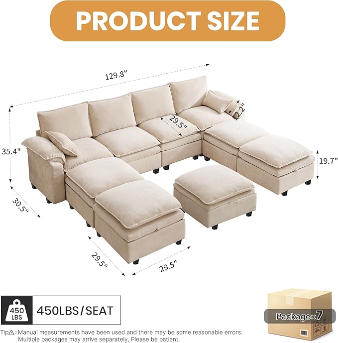130" U Shaped Modular Sectional Sofa, Couch with Ottoman Storage, Chenille Cloud Couch with Plush Deep Seating for Living Room, Bedroom (Beige, 9 Seat)