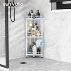 SWTYMIKI Corner Shower Caddy Standing - 3 Tier Stainless Steel Shower Organizer Stand with 4 Hooks & Soap Holder, Rustproof Metal Standing Tall Floor Shower Shelf and Bathroom Organizer, White