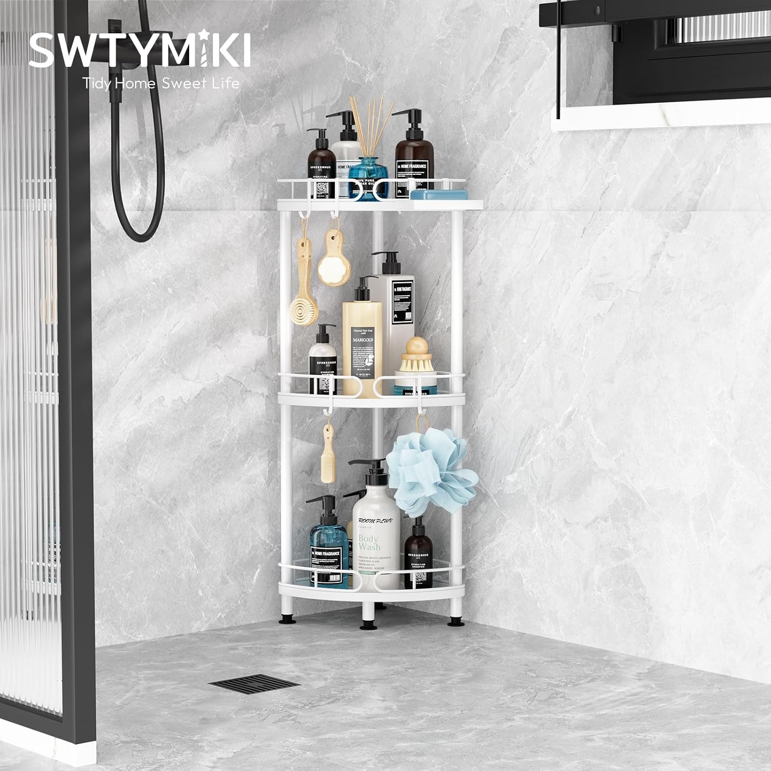 SWTYMIKI Corner Shower Caddy Standing - 3 Tier Stainless Steel Shower Organizer Stand with 4 Hooks & Soap Holder, Rustproof Metal Standing Tall Floor Shower Shelf and Bathroom Organizer, White
