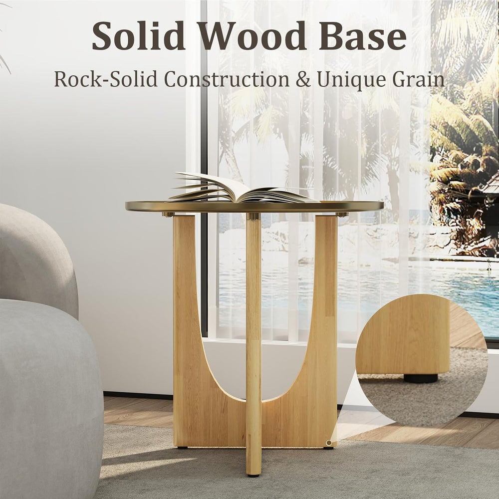 ACEDÉCOR Round Side Table, Solid Wood End Table with Brushed Gold Metal Tray ...