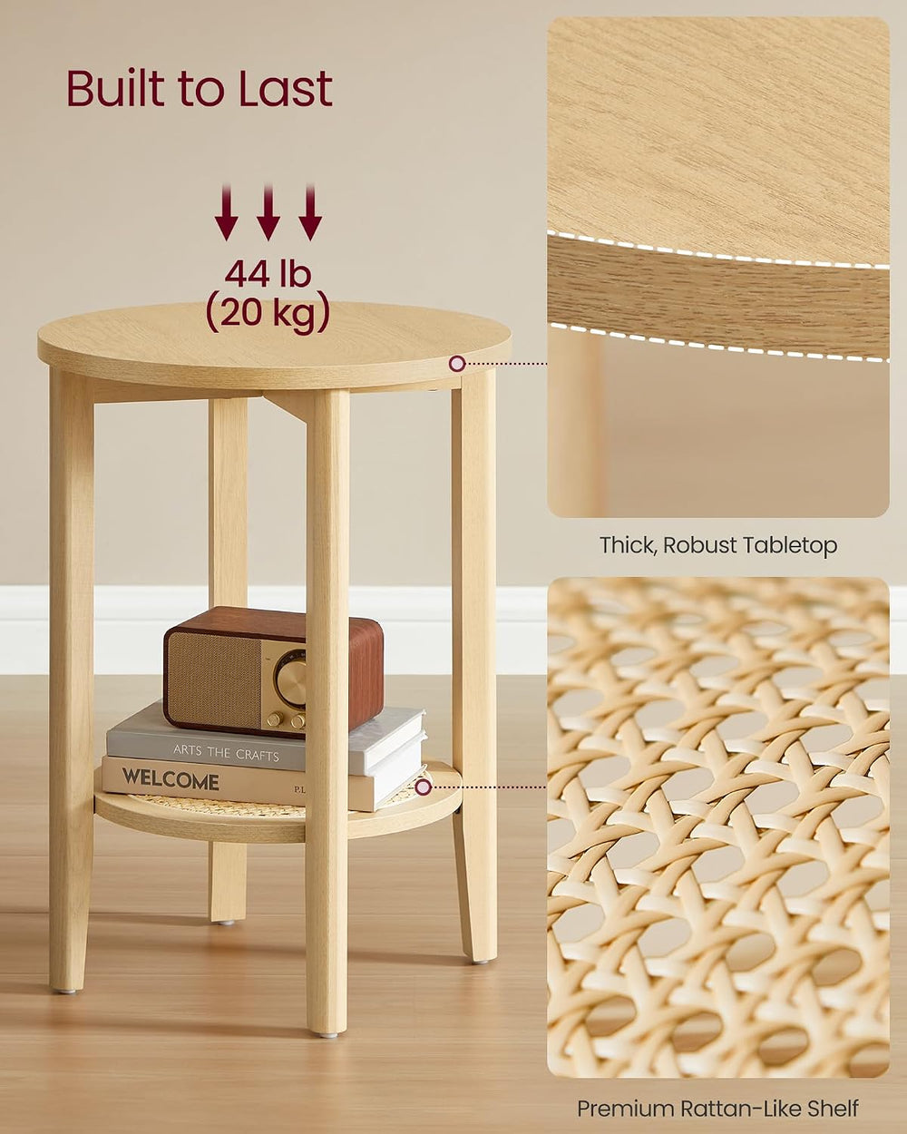 VASAGLE Round Side End Table, 2-Tier Boho Bedside Table with Rattan-Look Stor...