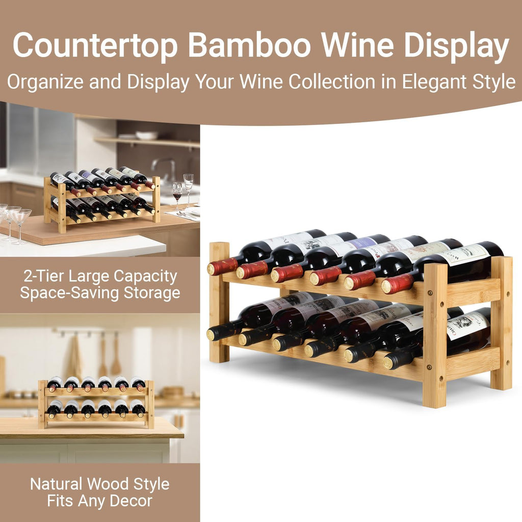 2 Tiers Bamboo Wine Rack Countertop Wine Display Stand Wine Storage Shelf Wine Bottle Holder
