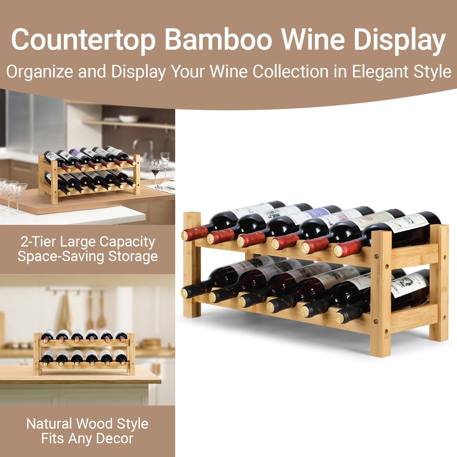 2 Tiers Bamboo Wine Rack Countertop Wine Display Stand Wine Storage Shelf Wine Bottle Holder