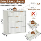 LEYAOYAO Fluted 5 Drawers Dresser for Bedroom Set of 2, 34" Tall Modern Chest of Drawers with Metal Handle, Curved Profile Design,White Wood Drawer Organizer for Bedroom, Living Room, Hallway