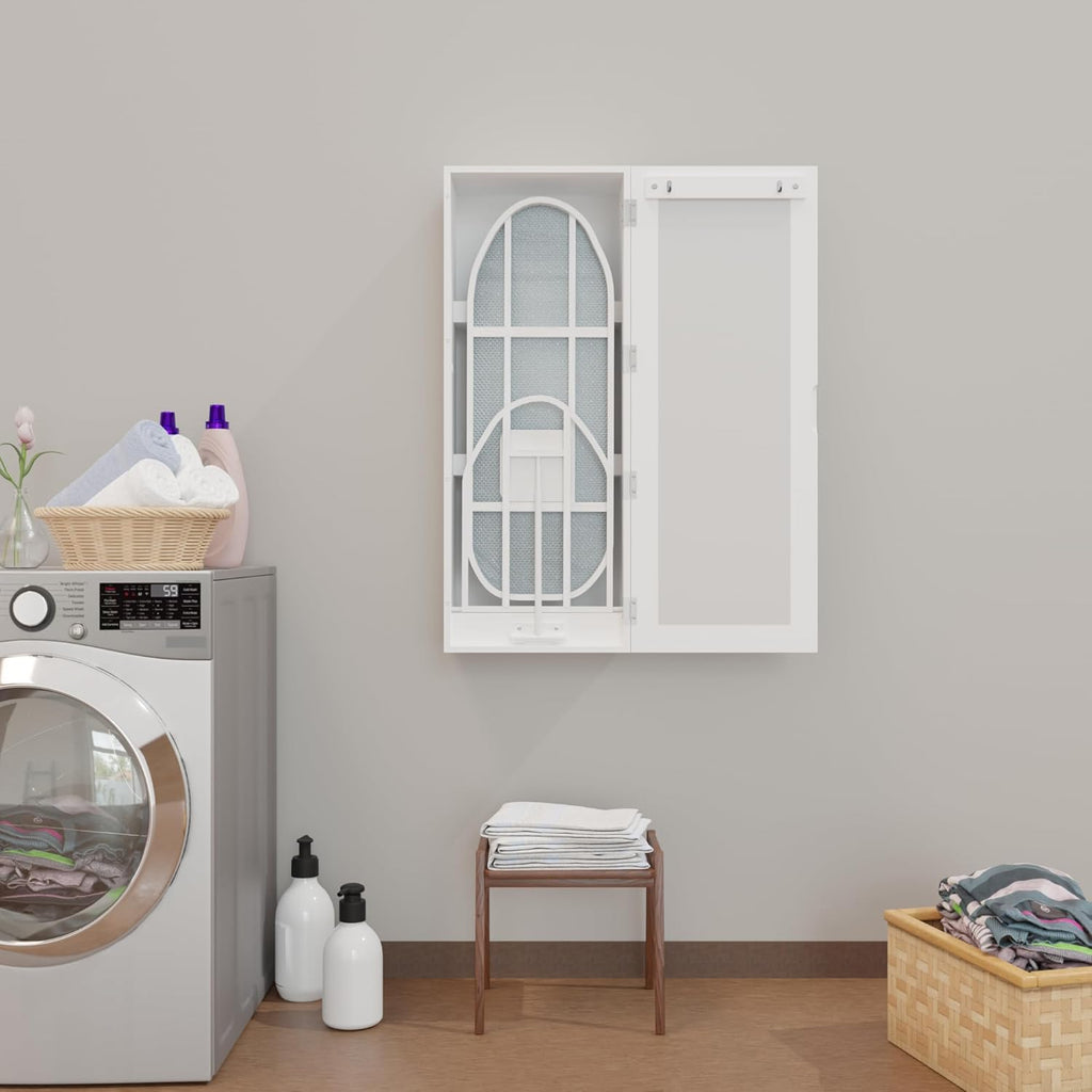 Wall Mount Ironing Board Cabinet, Built in Swivel Ironing Board Folding with Storage & Mirrored Door, White