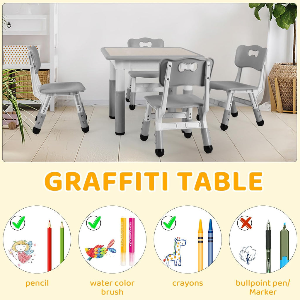 Arlopu Kids Table and 4 Chairs Set, Anti-Slip Toddler Activity Desk | Height Adjustable ((18.9"–23.6"), Wipe-Clean Desktop, Montessori Learning, Drawing, Classroom, Home & Daycare (Grey)