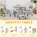 Arlopu Kids Table and 4 Chairs Set, Anti-Slip Toddler Activity Desk | Height Adjustable ((18.9"–23.6"), Wipe-Clean Desktop, Montessori Learning, Drawing, Classroom, Home & Daycare (Grey)