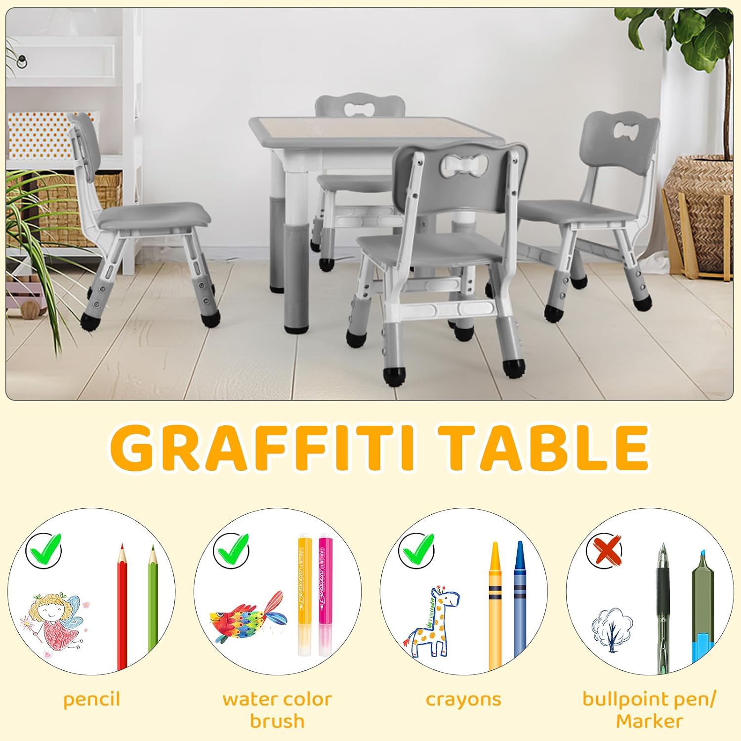 Arlopu Kids Table and 4 Chairs Set, Anti-Slip Toddler Activity Desk | Height Adjustable ((18.9"–23.6"), Wipe-Clean Desktop, Montessori Learning, Drawing, Classroom, Home & Daycare (Grey)