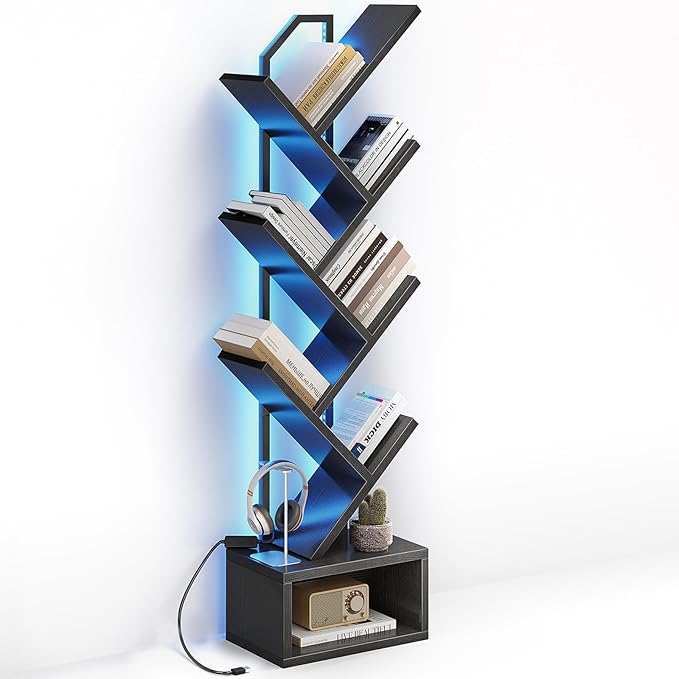 Casaottima 6-Tier Tree Bookshelf — Narrow Floor Standing Bookcase, Tall Steel & Wood Book Organizer Shelf with Cabinet, Home Decor for Living Room/Bedroom/Home Office, Black