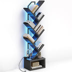 Casaottima 6-Tier Tree Bookshelf — Narrow Floor Standing Bookcase, Tall Steel & Wood Book Organizer Shelf with Cabinet, Home Decor for Living Room/Bedroom/Home Office, Black