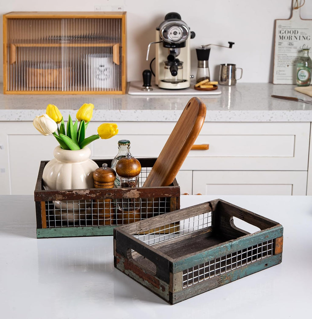 TIMRIS Set of 2 Rustic Wooden Countertop Baskets, Farmhouse Distressed Nesting Boxes, Small Decorative Wooden Storage Crates, Reclaimed Wood Organizer Baskets with Wire Mesh (Random)