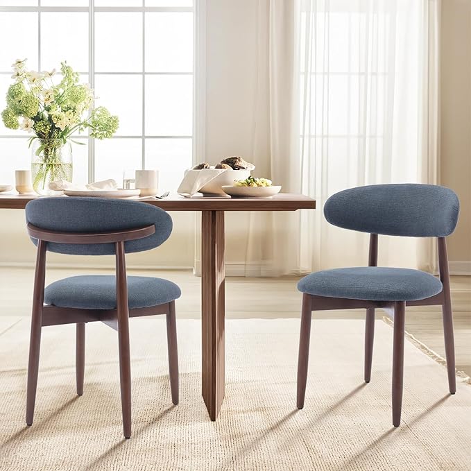 COLAMY Wooden Dining Room Chairs Set of 6, Modern Upholstered Fabric Dining Chairs, Farmhouse Kitchen Side Chair with Foot Pegs, Blue