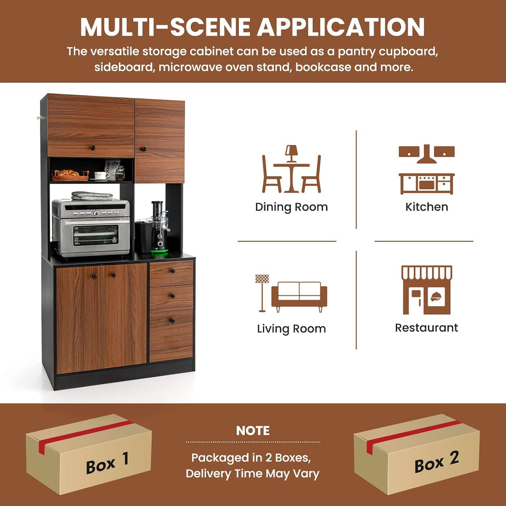 LOKO 71” Tall Kitchen Pantry Storage Cabinet, Freestanding Buffet Hutch with ...