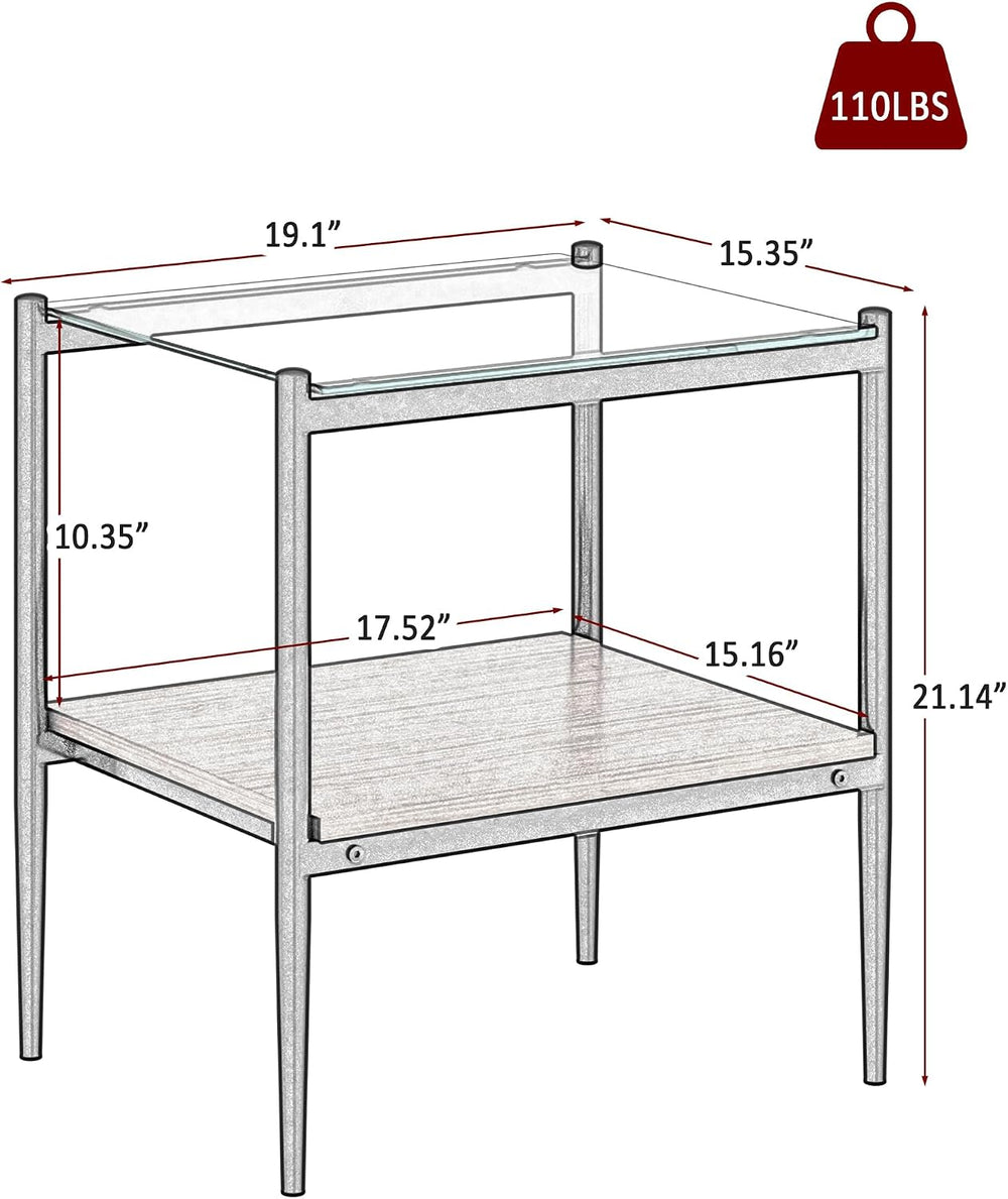 Modern Rectangle End Table Set of 2, Tempered Glass Tabletop with MDF Shelf, ...
