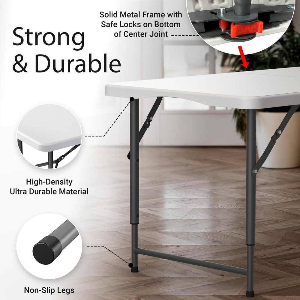 4 Feet Foldable Table Adjustable Height with Built in Handle, Steel Legs | 4F...