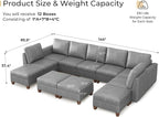 SITJOY 145" Faux Leather Modular Sectional Sofa with Storage, Mid Century Modern Sectional Couches for Living Room, Soft Padded Armrests, 11 Seat U Shaped Sofa Set with Chaise, Gray