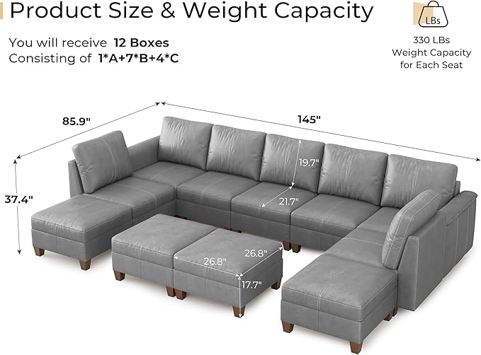 SITJOY 145" Faux Leather Modular Sectional Sofa with Storage, Mid Century Modern Sectional Couches for Living Room, Soft Padded Armrests, 11 Seat U Shaped Sofa Set with Chaise, Gray