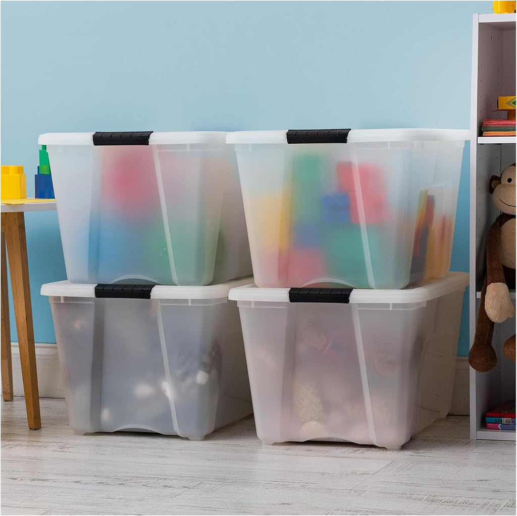 IRIS USA 54 QT Plastic Storage Box with Lid and Latches - 4 Pack - BPA-Free, Discreet Organizing Solution, Durable Nestable Stackable Containers, Secure Pull Handle - Pearl