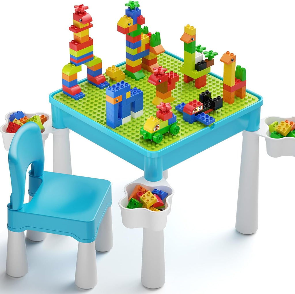 5-in-1 Toddler Table and Chair Set with 128PCS Building Blocks, Kids Activity Table Flip Top for Art, Sand & Water Play, Leak-Proof Design, Includes 1 Sturdy Chair, ASTM Certified, Gift for Ages 2-4