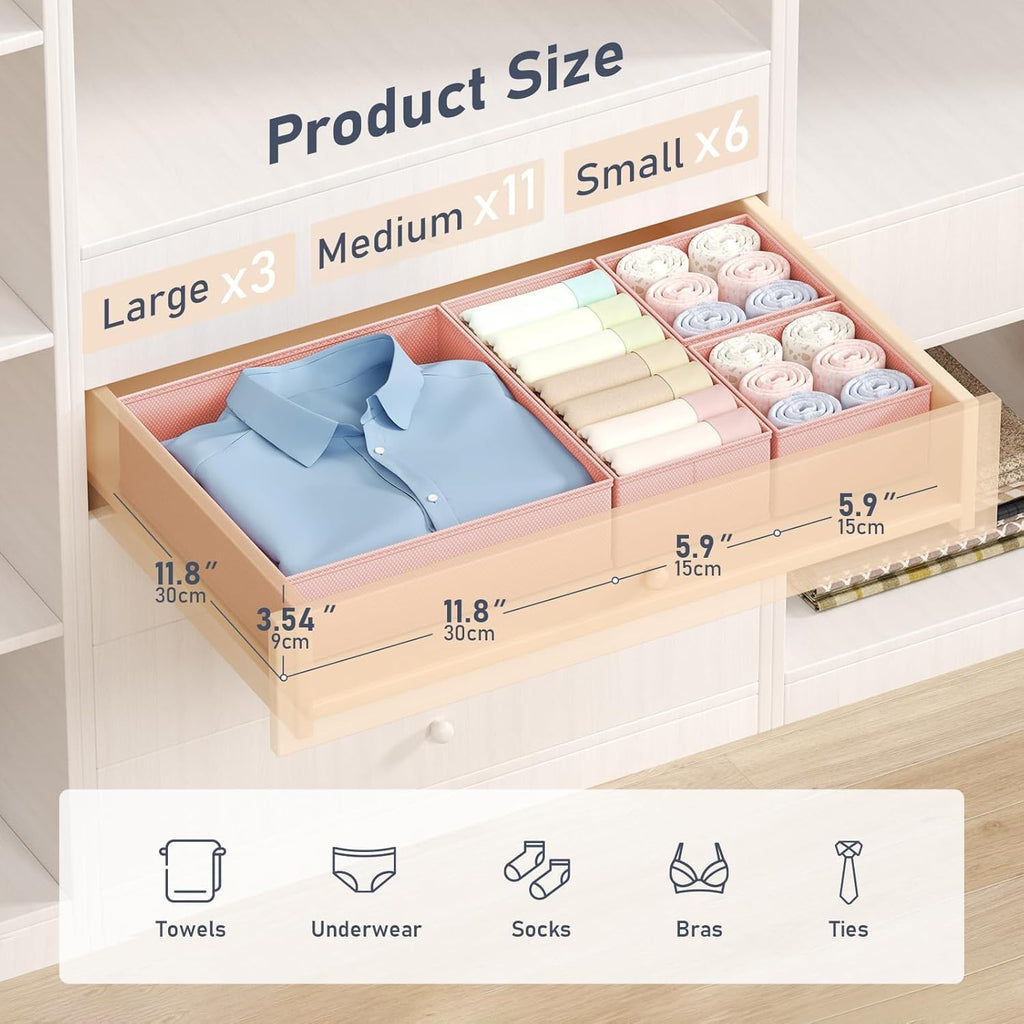 DIMJ Drawer Organizer Clothes, 20 Pack Dresser Organizer, Foldable Closet Organizers and Storage, Fabric Dresser Bins, Drawer Dividers for Nursery, Baby Clothes, Underwears, Sock (Pink)