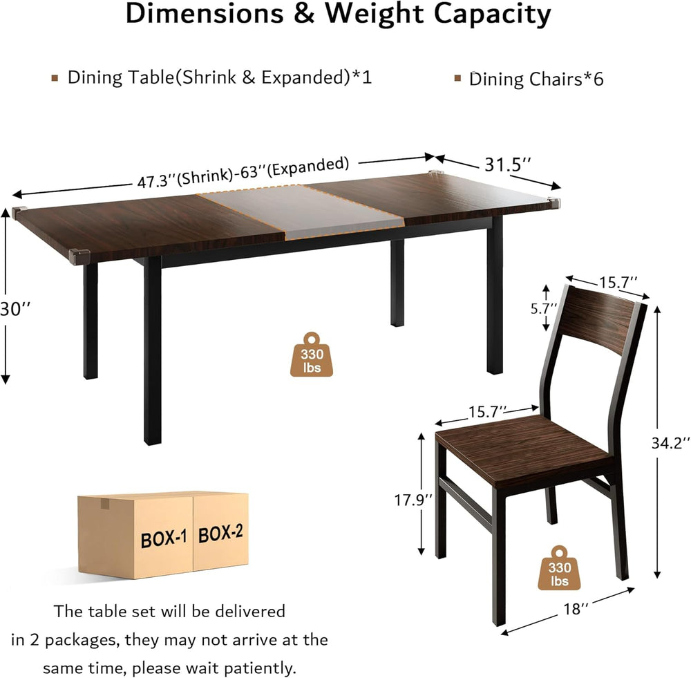 iPormis 7 Pieces Dining Table & Chairs Set for 4-6, 63" Extendable K...
