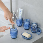 Modern Shatterproof Acrylic Cobalt Blue Bathroom Accessories Set – 5-Piece Glass-Free Vanity Set with Soap Dispenser, Toothbrush/Makeup Brush Holder, 2 Cotton Jars with Lids, and Soap Dish