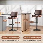 Swivel Bar Stools Set of 1, Adjustable Bentwood Barstools for Kitchen Counter, Modern PU Leather Upholstered Bar Chair with Back and Footrest, for Kitchen Island, Bar, Dining Room, Brown