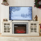 TV Stand with Electric Fireplace & Storage Cabinet, Entertainment Center with 2 Glass Door, Faux Stone Media Console Table for Living Room (White,70" with Fireplace)