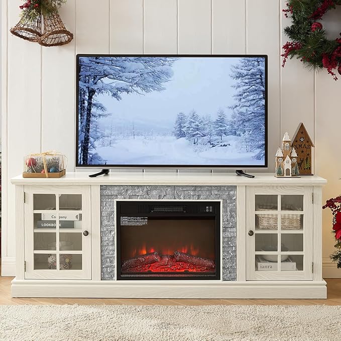 TV Stand with Electric Fireplace & Storage Cabinet, Entertainment Center with 2 Glass Door, Faux Stone Media Console Table for Living Room (White,70" with Fireplace)