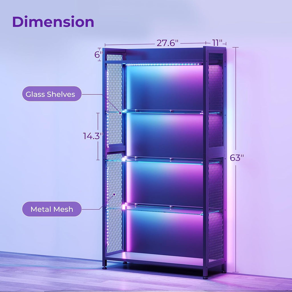 AODK Display Case with Glass Shelves, RGB Light 4-Tier Display Cabinet | Display Shelf with Open Shelf Design & Industrial Metal Mesh, Curio Cabinet for Collectibles, Black Bookcase