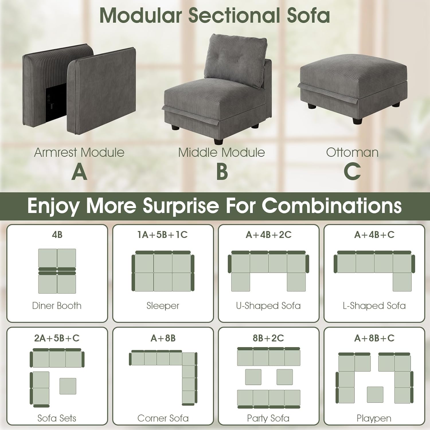 LLappuil Oversized Sectional Sofa Modular Cloud Couch with 14 Storage Seats & 12 Throw Pillows, Corduroy U Shaped Couches for Large Living Room, Rearrangable Sleeper Sofas, Scratch Resistant, Grey