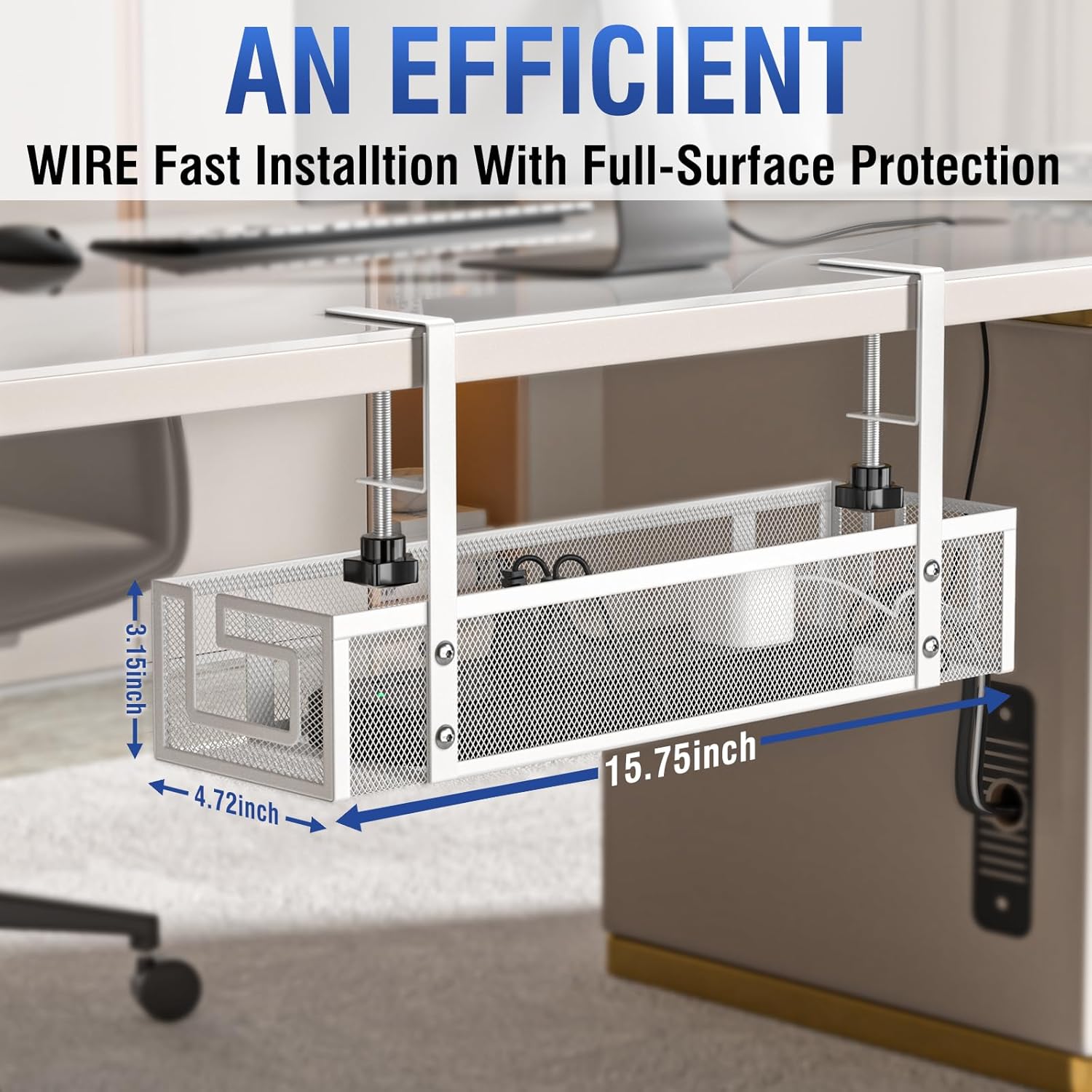 Under Desk Cable Management Tray - GZOKMOG No Drill Cord Organizer with Clamp, Reinforced Metal Mesh Workspace Organizers for Wire, Office Desk Accessories, 2 Pack White, 15.75 inch