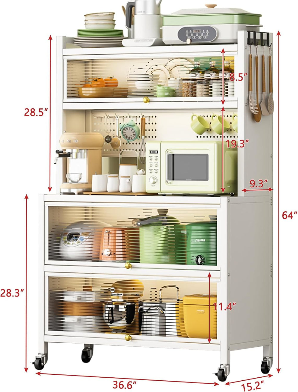 64" Kitchen Pantry Cabinet, Tall Storage Cabinet with Glass Doors and Wh...