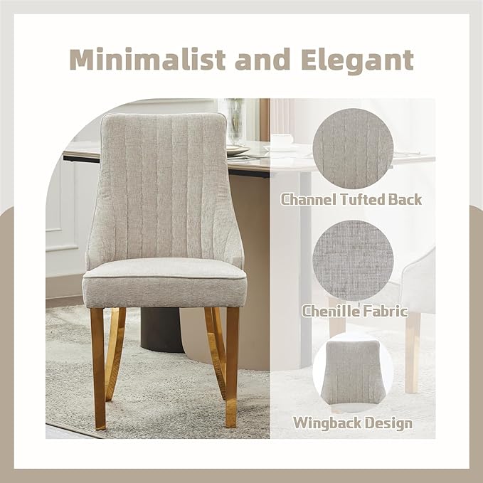 Dining Chairs Set of 4，Modern Channel Tufted Upholstered Dining Chairs with Golden Stainless Steel Legs, Comfortable Chenille Fabric Kitchen Chairs for Dining Room (Beige, 4pc)